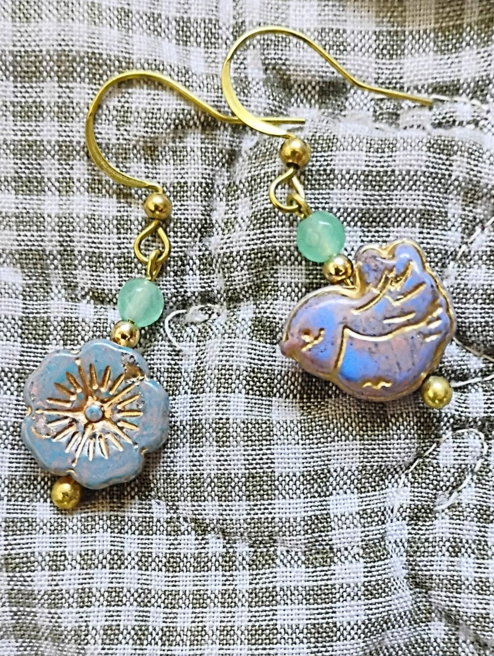 Handmade Blue Flower & Bird Dangle Earrings